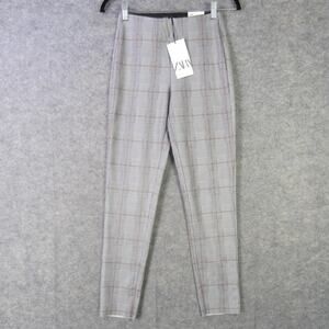 Zara Pants Womens XS Gray Plaid Mid Rise Leggings Slim Trousers Stretch New